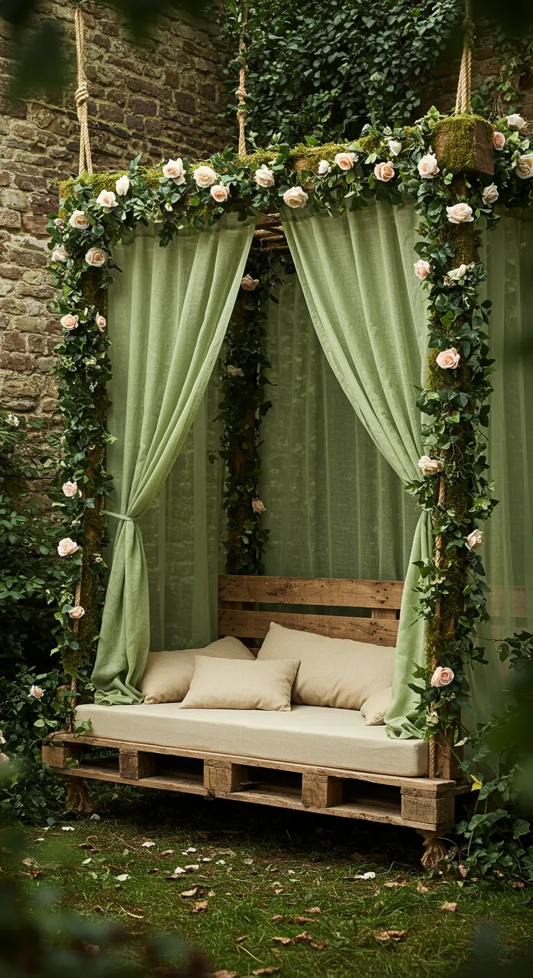 Pallet swing bed adorned with pink roses and moss, with sage green curtains.