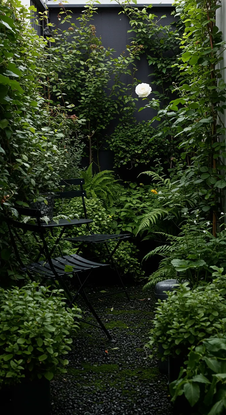 A deeply shaded, narrow balcony filled with lush green ferns and a single white rose.