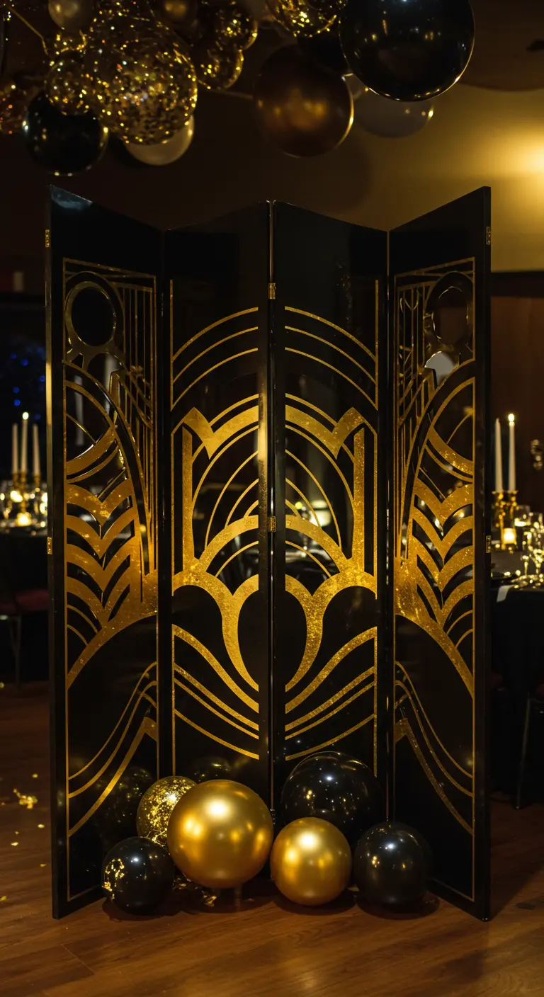 A black folding screen with a bold gold Art Deco pattern, surrounded by balloons on a wood floor.