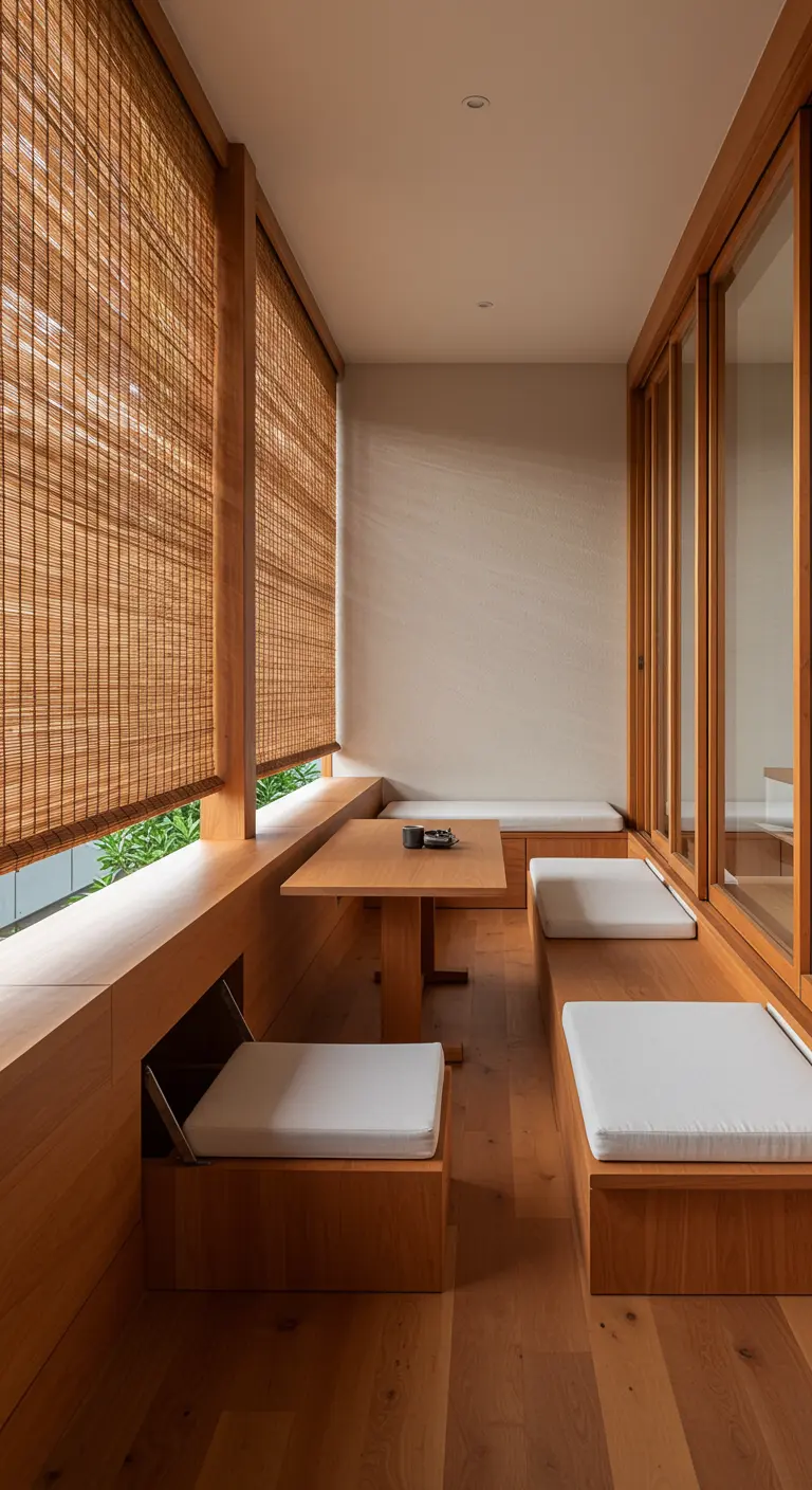 A balcony with light wood built-in benches, one of which is open to show hidden storage inside.