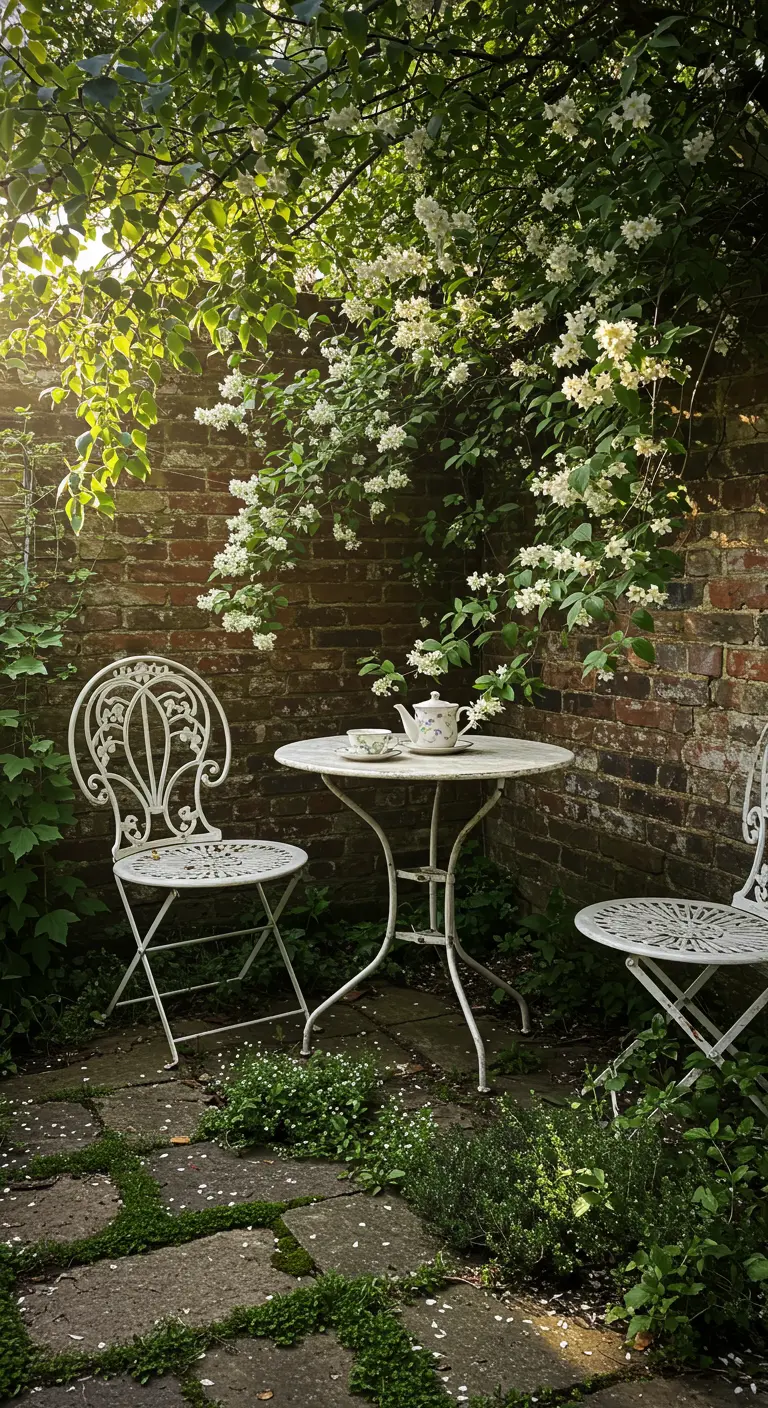 A white vintage bistro table and chairs in a walled garden with climbing jasmine.