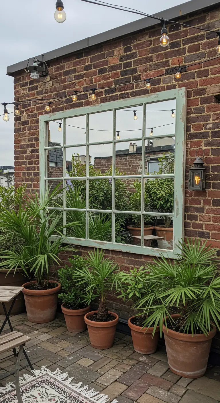 A rooftop patio with a large green-framed windowpane mirror on a brick wall.