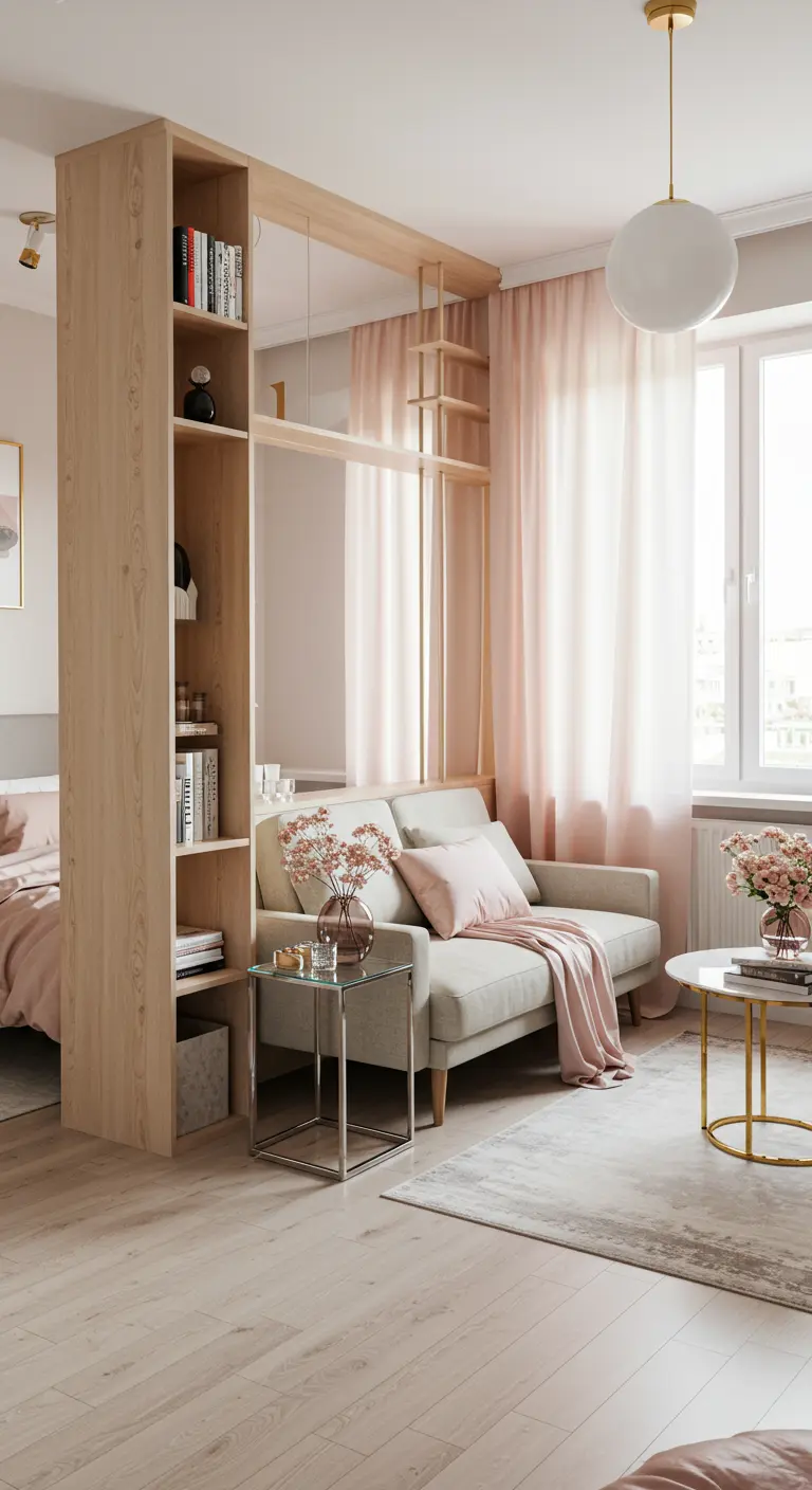 Studio apartment with a tall, open-backed wood shelving unit dividing the space.