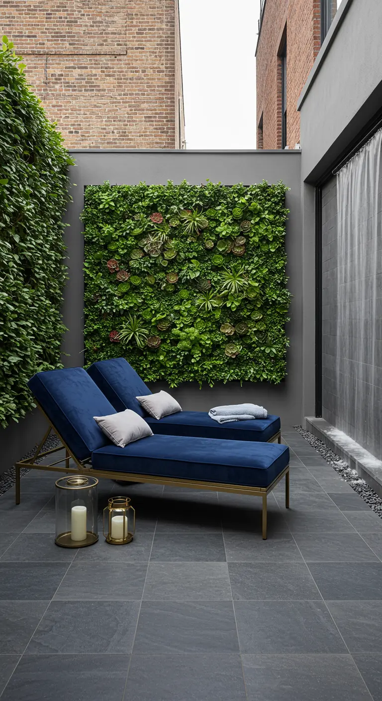 Blue velvet chaises in a modern courtyard with a living wall and a waterfall.