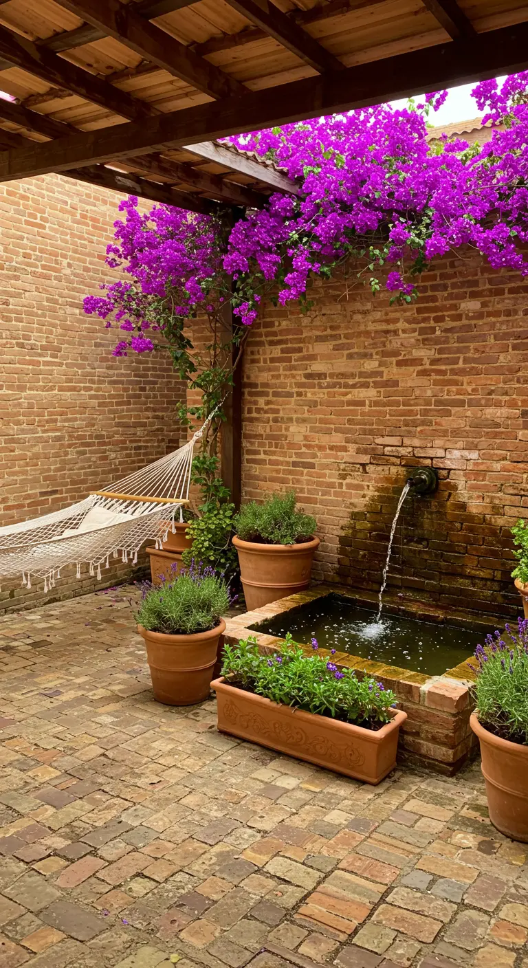 A rustic courtyard with a hammock near a small fountain and pots of lavender.