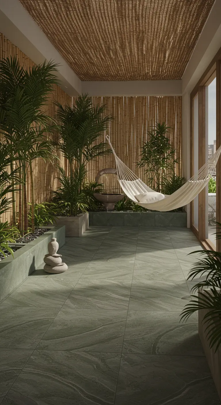 Zen balcony with bamboo walls, grey slate tiles, a water feature, and a hammock.