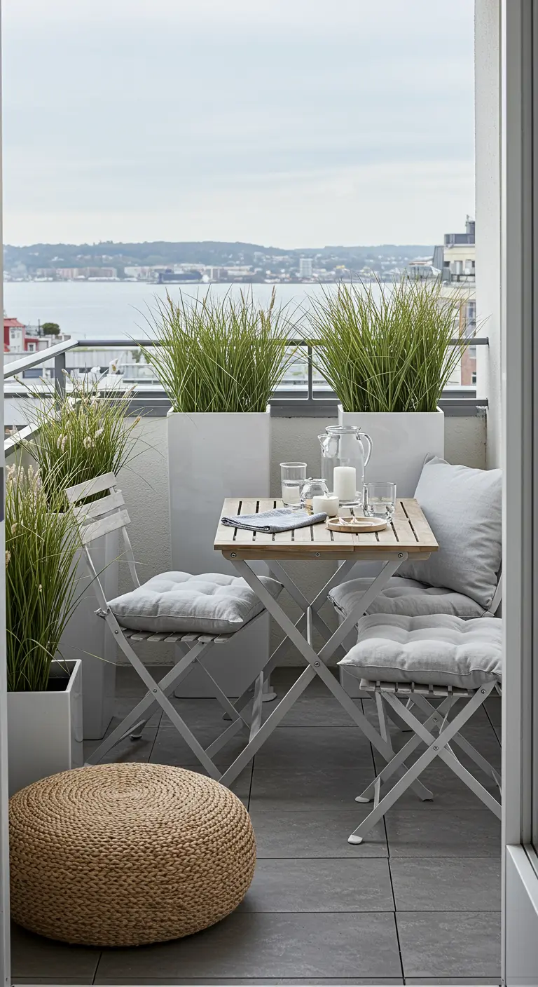 A balcony with white furniture, grey cushions, tall grasses, and a woven pouf.