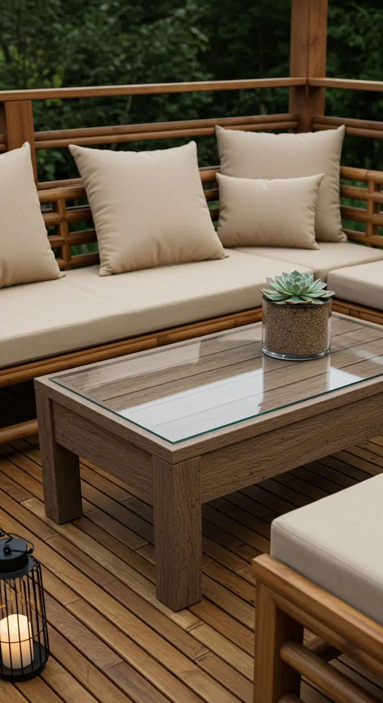A peaceful wooden deck with a simple glass cylinder vase holding a single succulent.