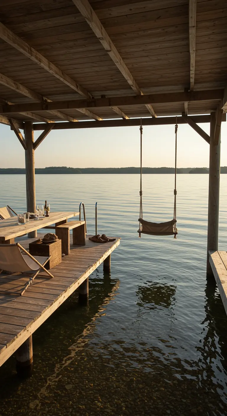 A wooden dock with a table and chairs, and a simple rope swing over the calm water.