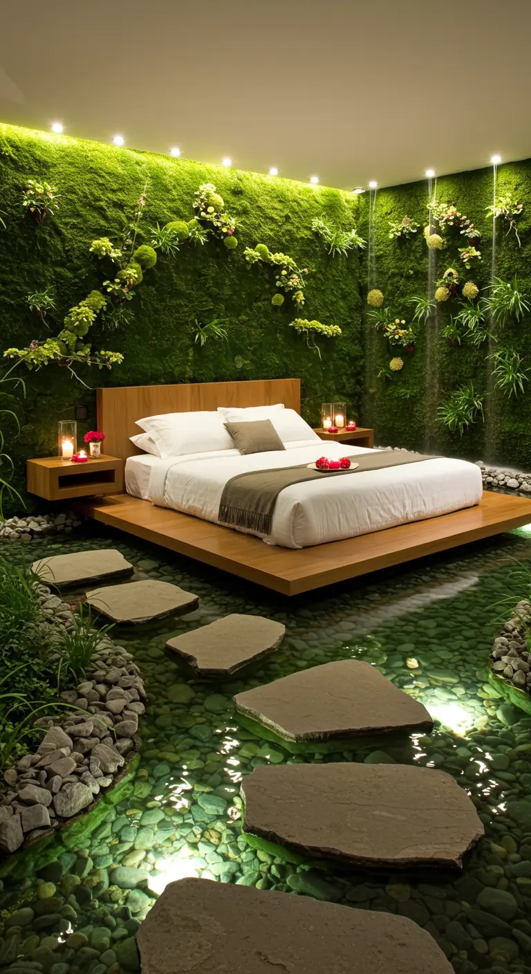A minimalist platform bed surrounded by water, with stepping stones leading to it.