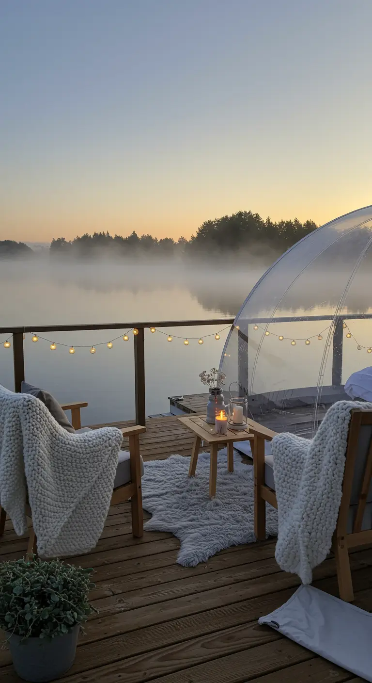 A cozy seating area with white knit blankets next to a pod overlooking a misty lake.