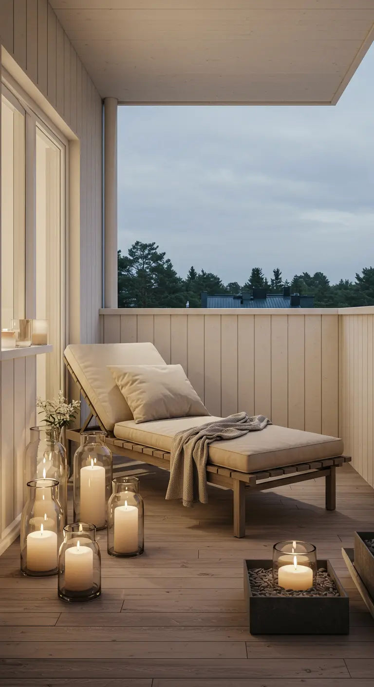 A tranquil balcony with a wooden chaise lounge and a cluster of large glass hurricane candle holders.