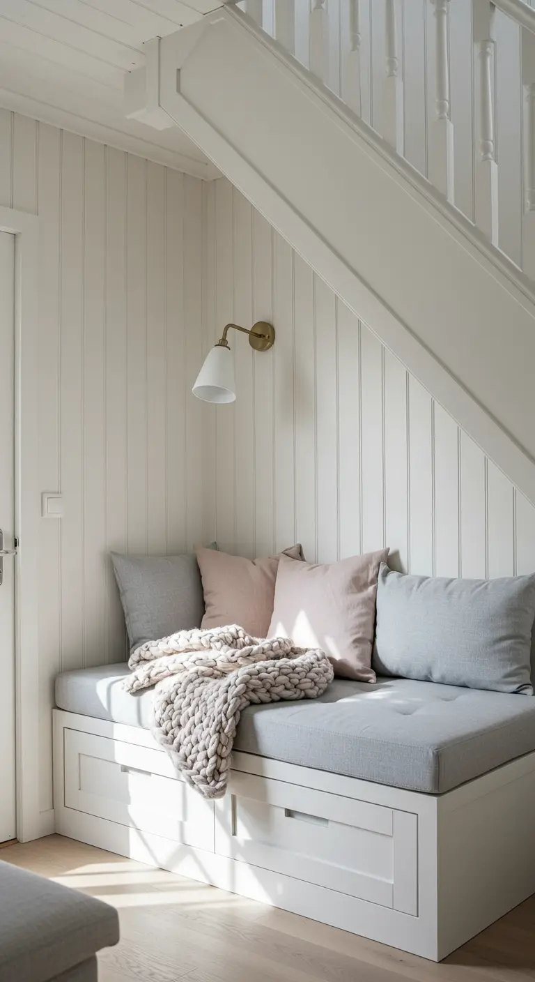 A cozy built-in bench under the stairs with gray cushions, pink pillows, and storage drawers.