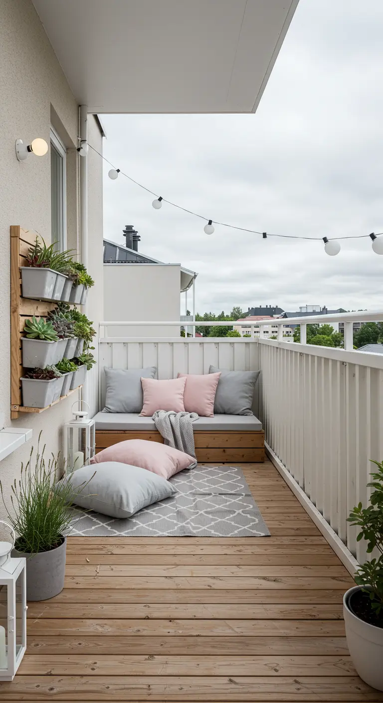 A minimalist Scandinavian balcony with a wooden bench, gray and pink cushions, and a vertical planter.