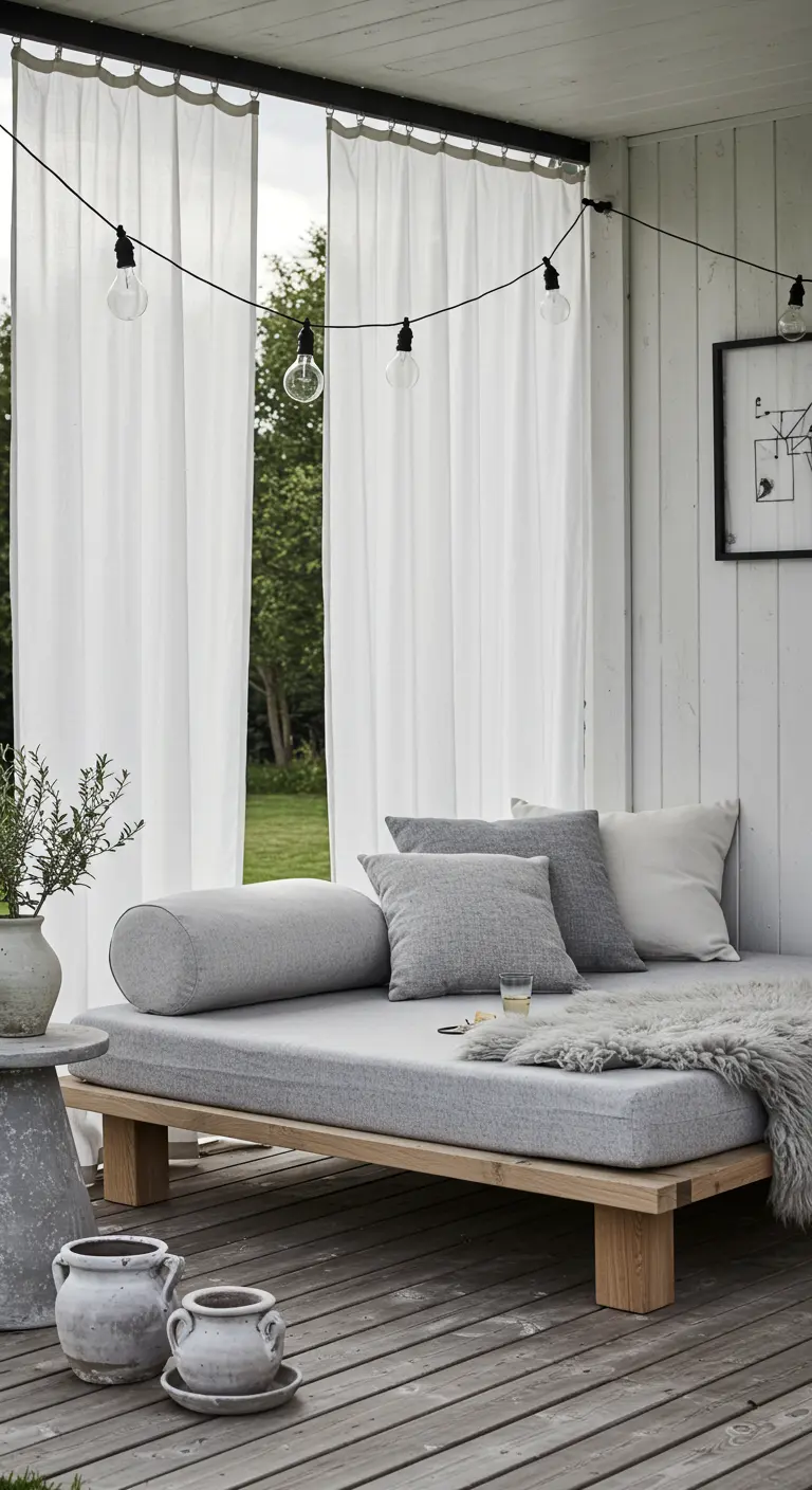 A Scandinavian-style daybed with grey textiles, a sheepskin throw, and simple white curtains.