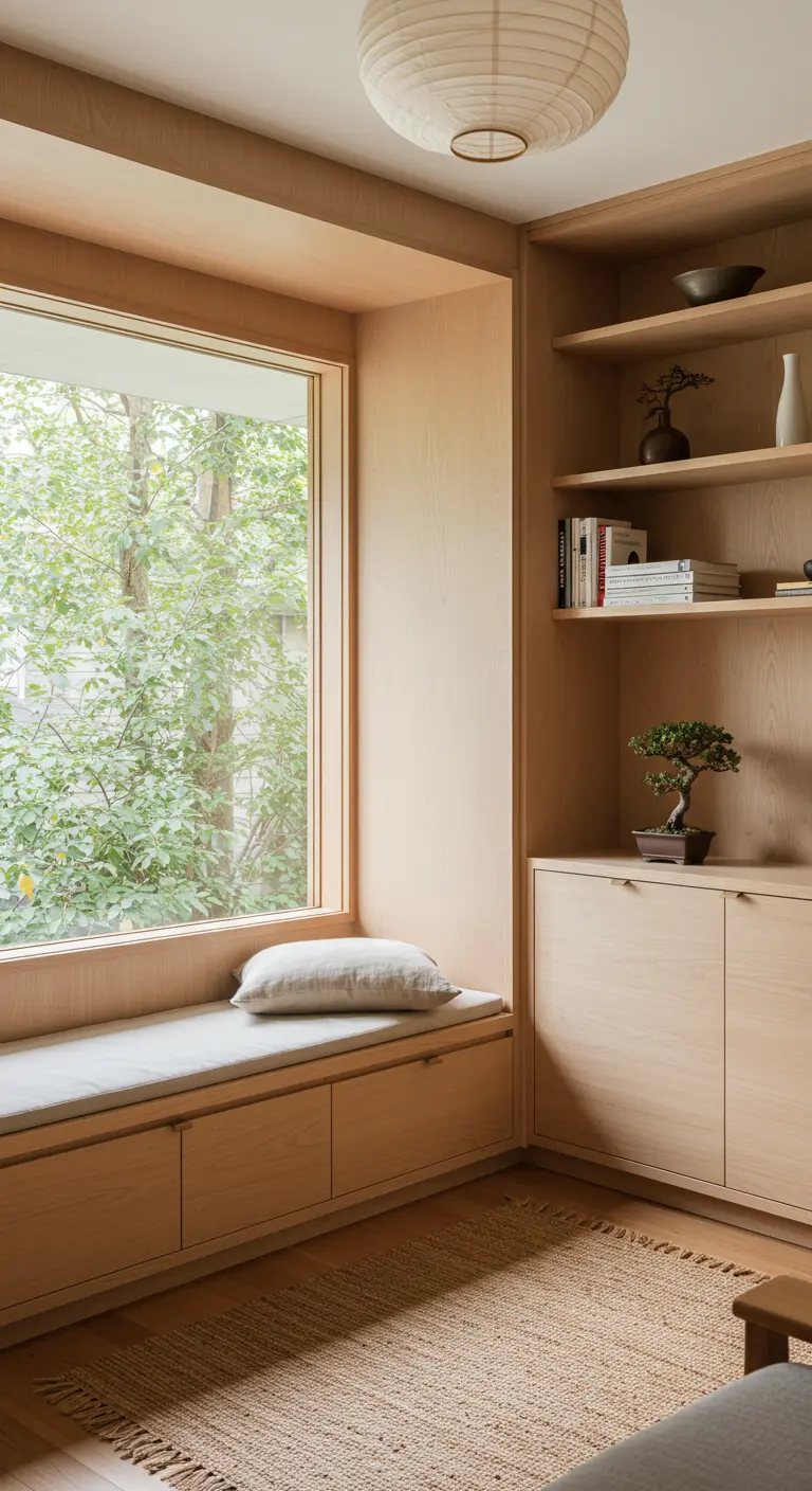 A minimalist reading nook with light wood built-ins, a paper lantern, and a bonsai tree.
