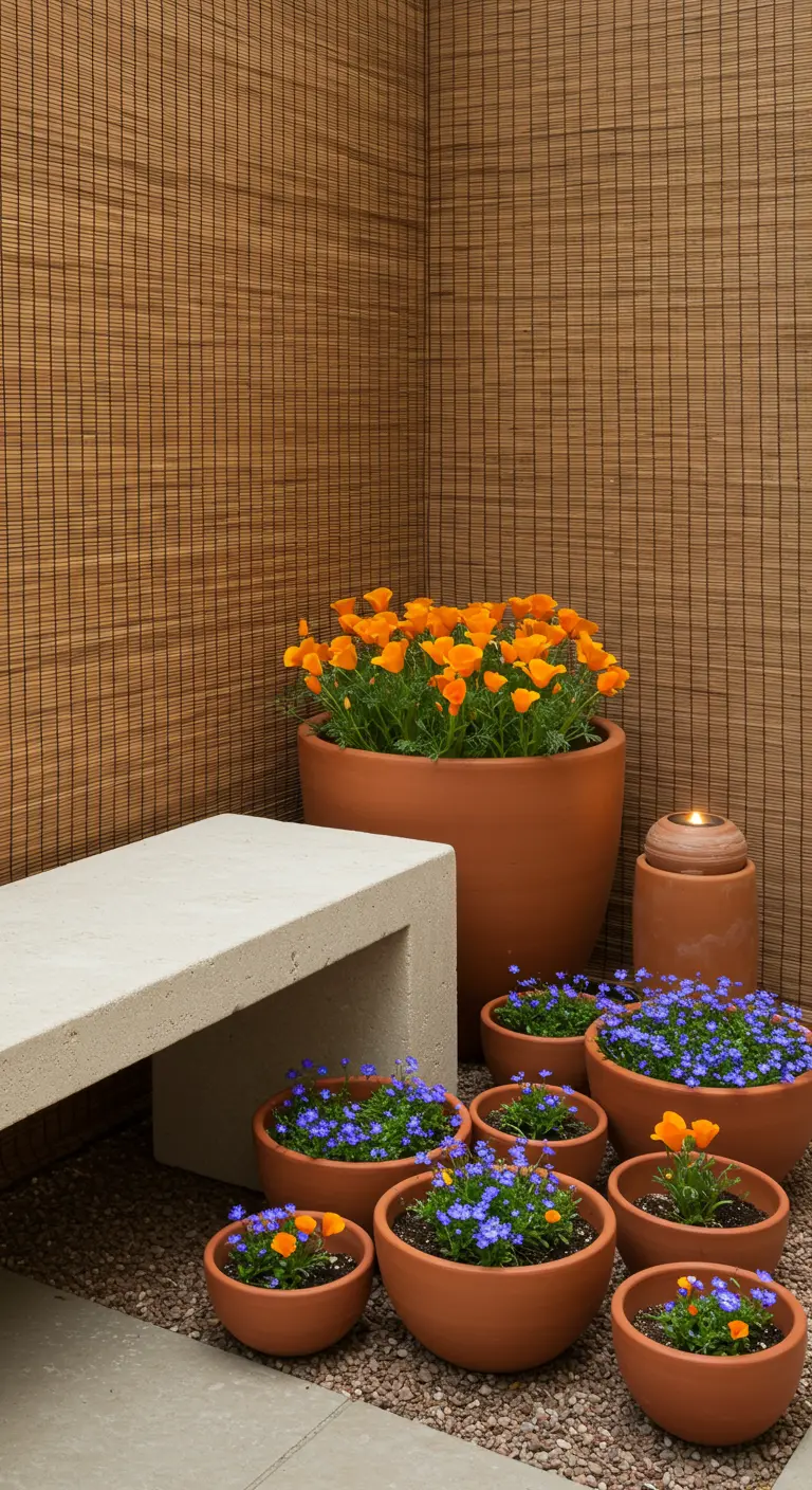 A minimalist corner with a concrete bench, terracotta pots of orange and blue flowers, and a bamboo screen.