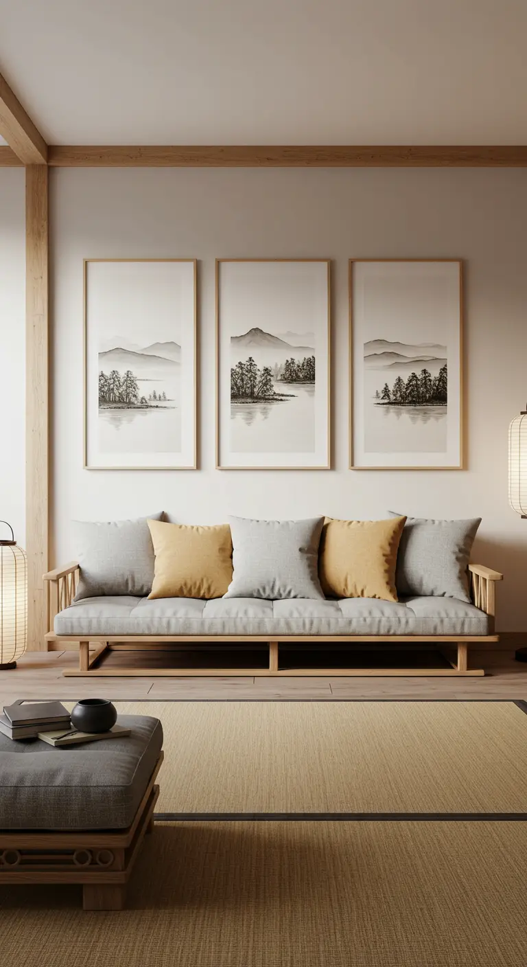 A triptych of minimalist landscape art above a low-profile wooden sofa.