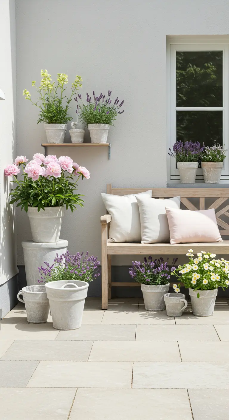 A serene patio with whitewashed pots of peonies and lavender next to a light wood bench with white pillows.