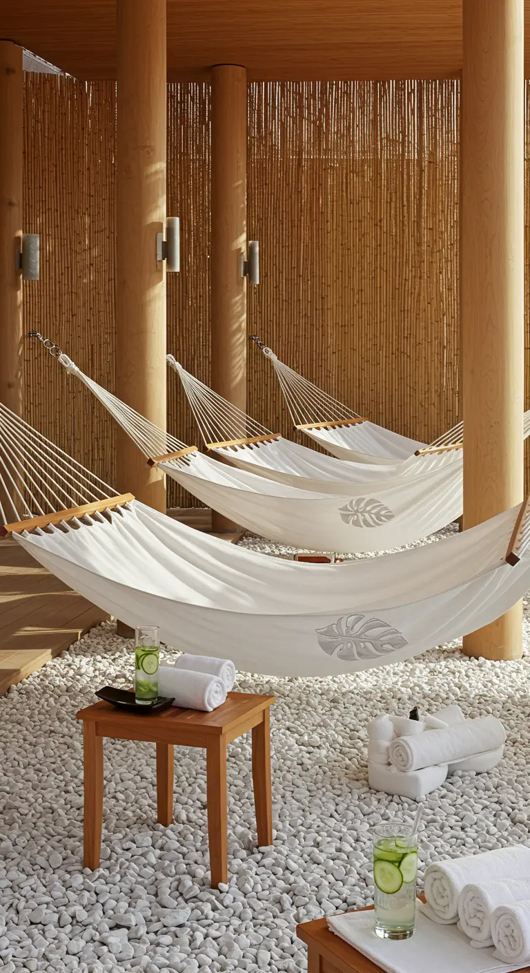 White hammocks with a subtle leaf print hanging over white pebbles in a minimalist spa setting.