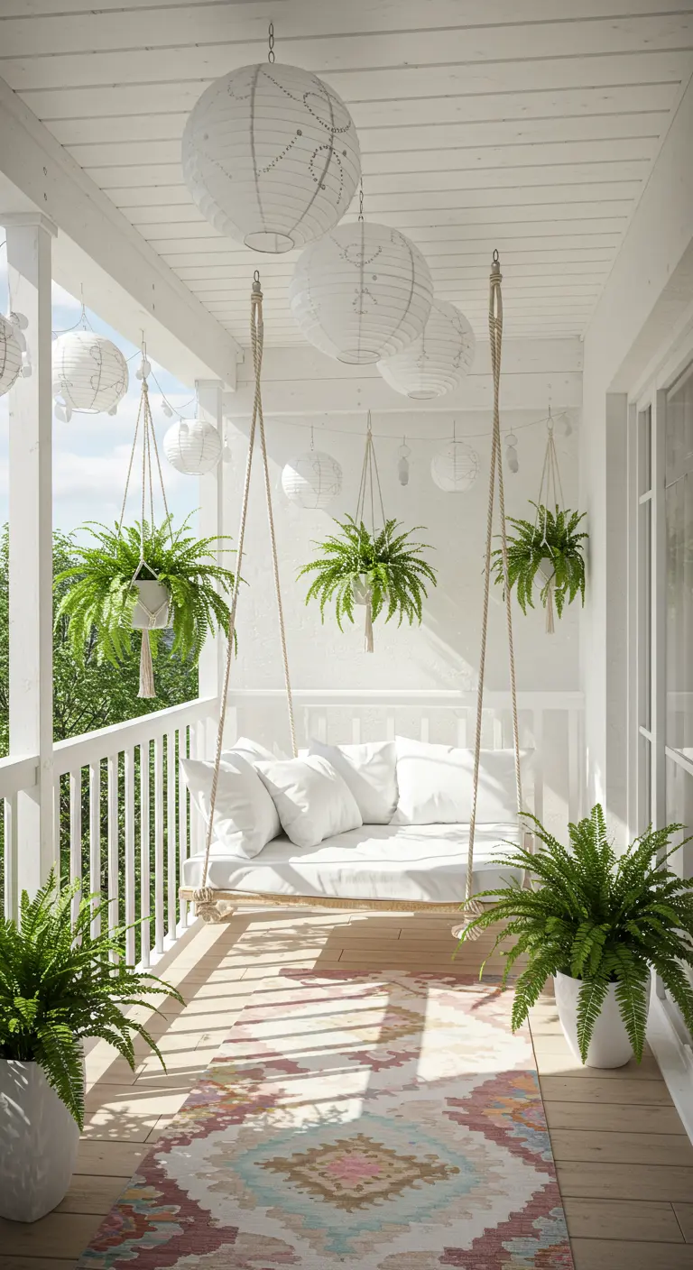 A white porch with a hanging swing, white cushions, large ferns, and paper lanterns.