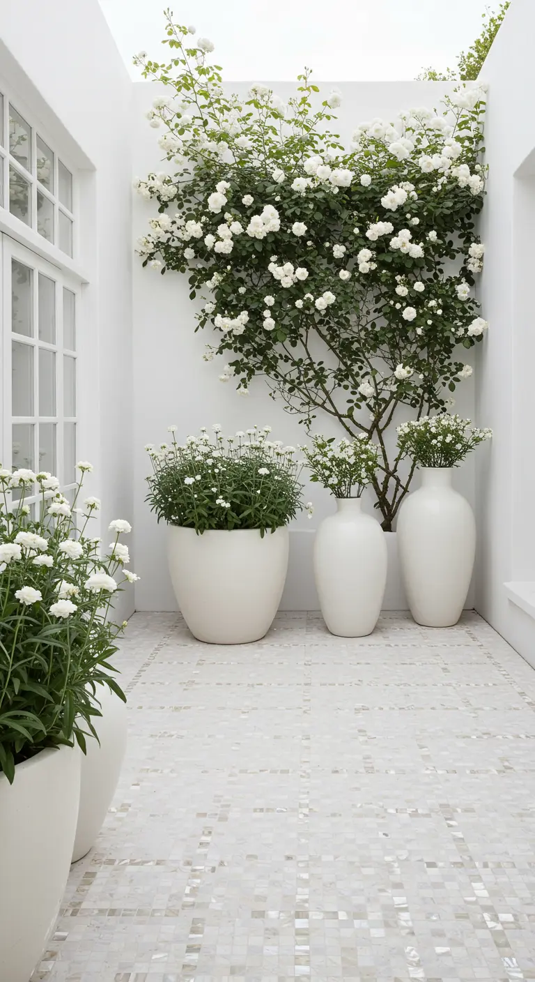 An all-white courtyard with white roses, white planters, and iridescent white mosaic floor tiles.