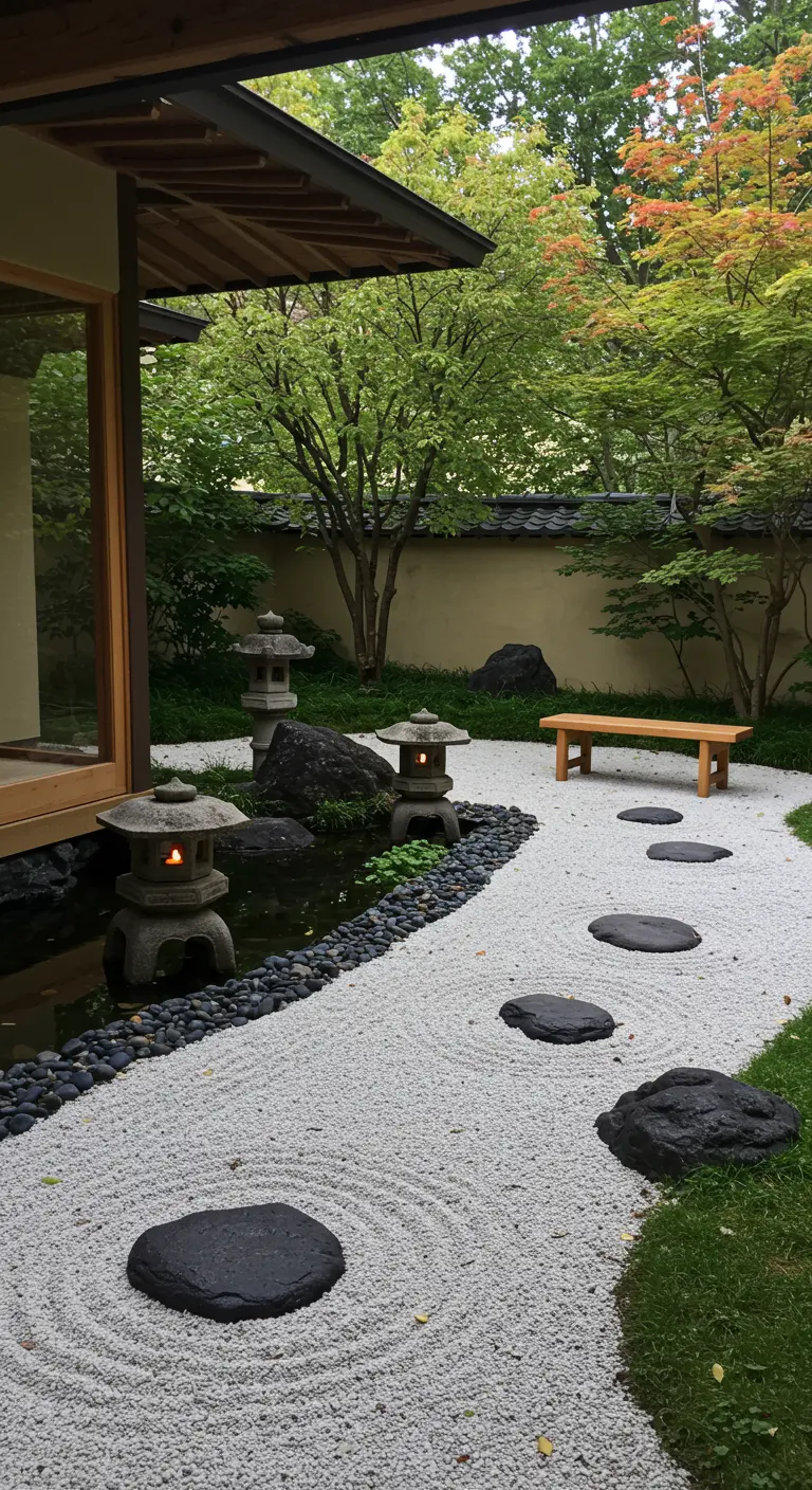 Japanese stone lanterns illuminate a raked white gravel garden with stepping stones.