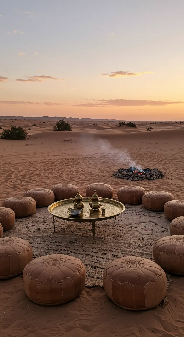 Simple tan leather poufs in a circle on a mat in the desert, with a brass tea set on a table.