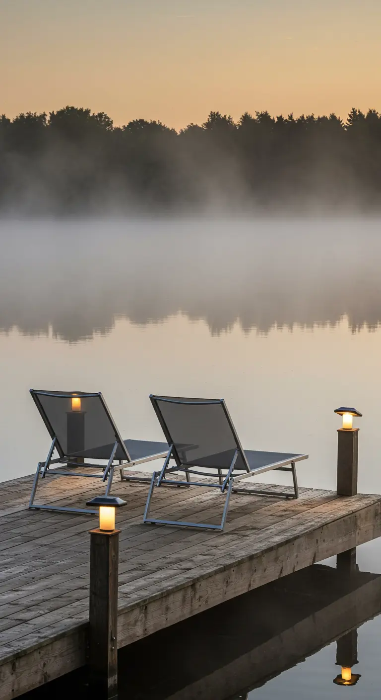 Two simple sunbeds on a wooden dock with solar post lights overlooking a misty lake.