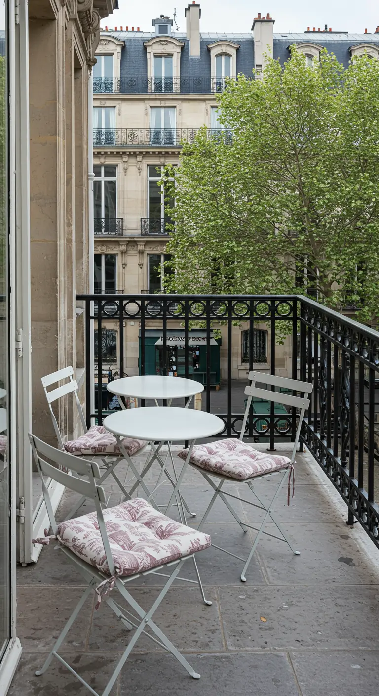 A clean, simple balcony with a white bistro set and muted pink floral cushions.