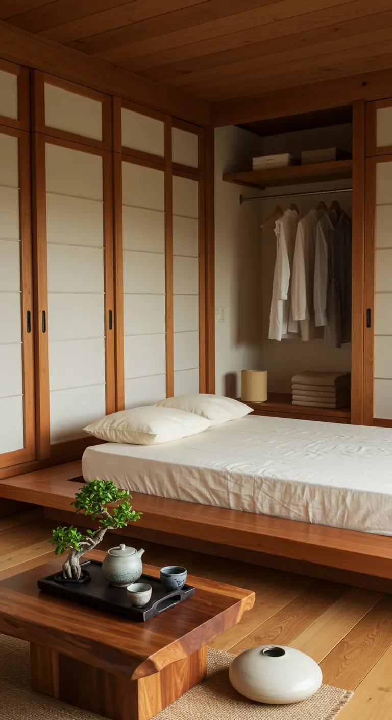 Minimalist Japanese-style bedroom with a low platform bed, shoji screen closets, and a bonsai.