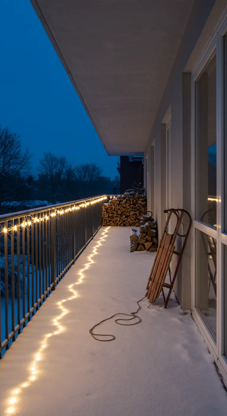 Modern balcony with string lights arranged in a zigzag pattern on the snowy floor.