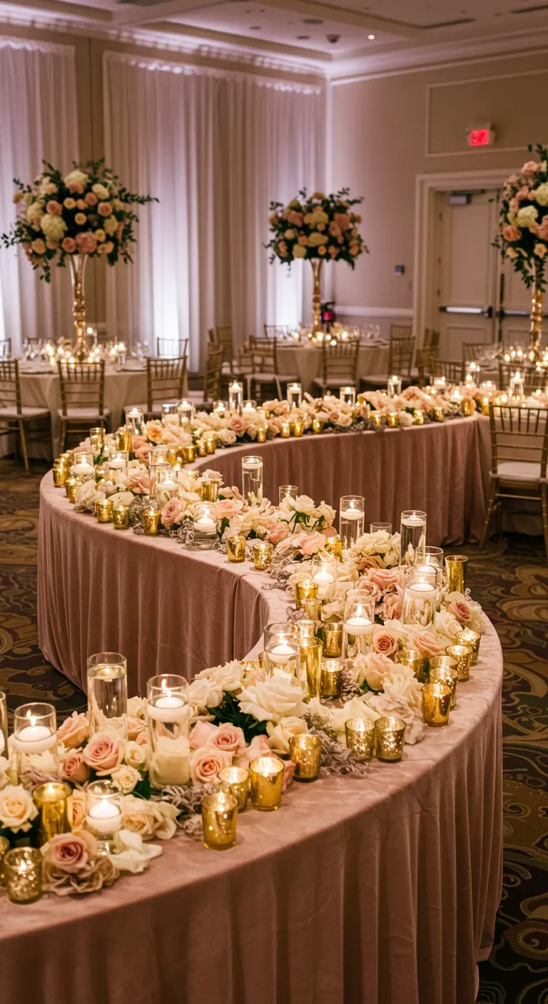 A winding serpentine wedding table covered in dusty rose velvet and a continuous river of roses.