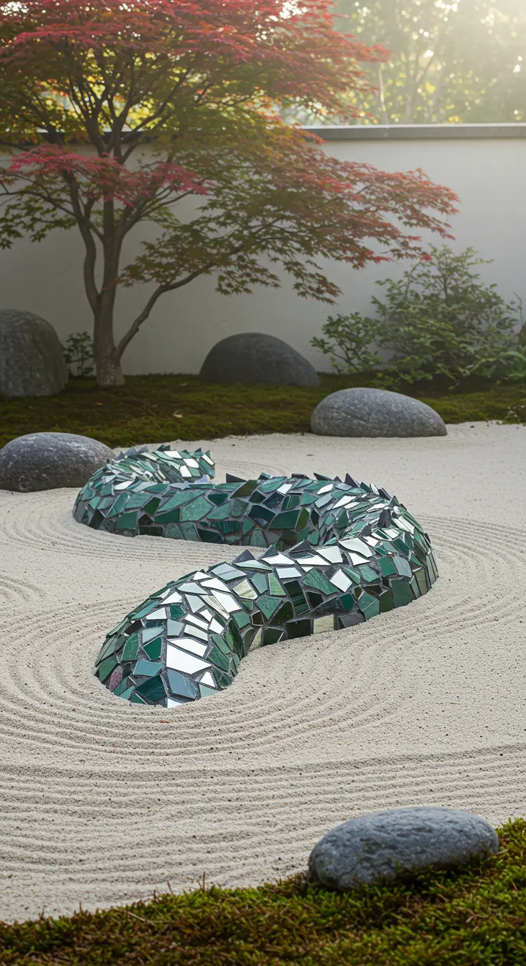 A green mosaic serpent sculpture snaking through a raked sand zen garden.