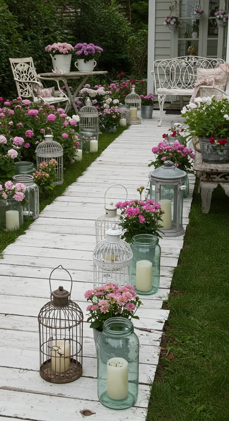 A white-painted boardwalk is lined with mismatched white lanterns, birdcages, and pink flowers.