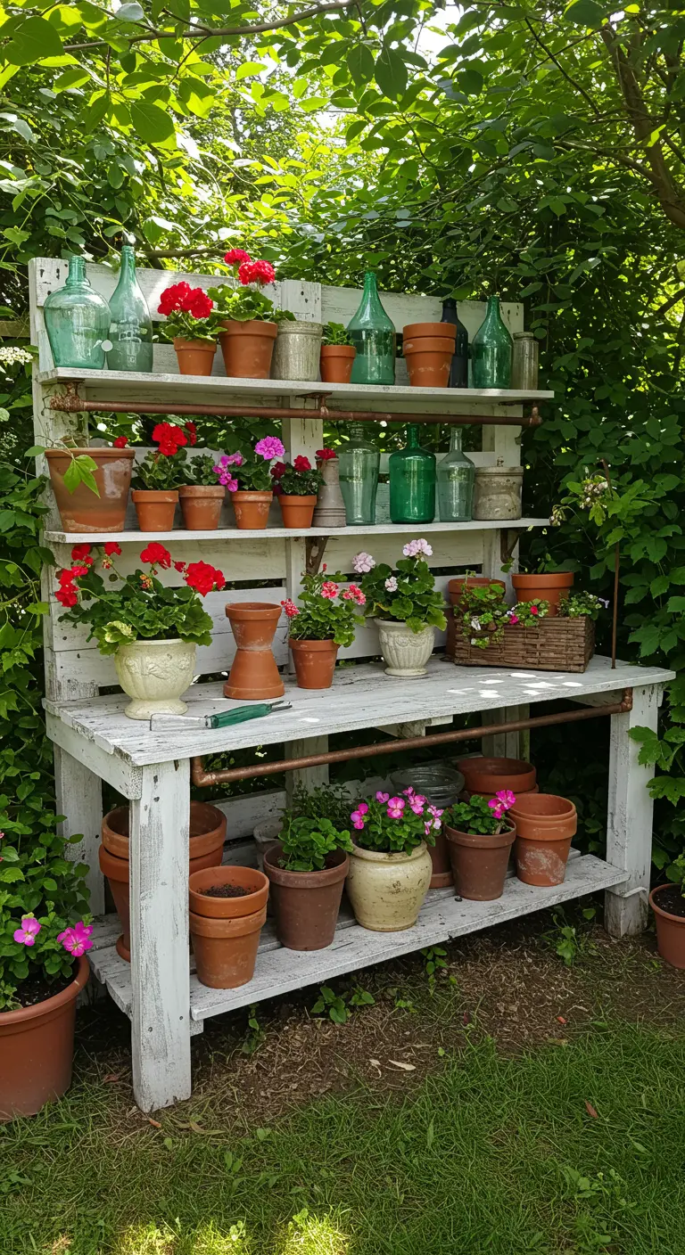 Whitewashed pallet potting bench in a garden, decorated with geraniums and vintage green bottles.