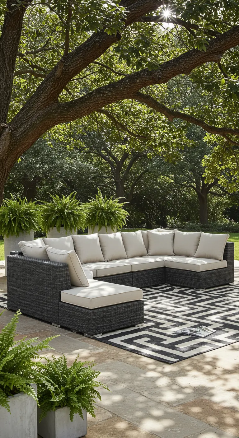 Dark rattan sectional on a black and white geometric rug under a leafy tree.