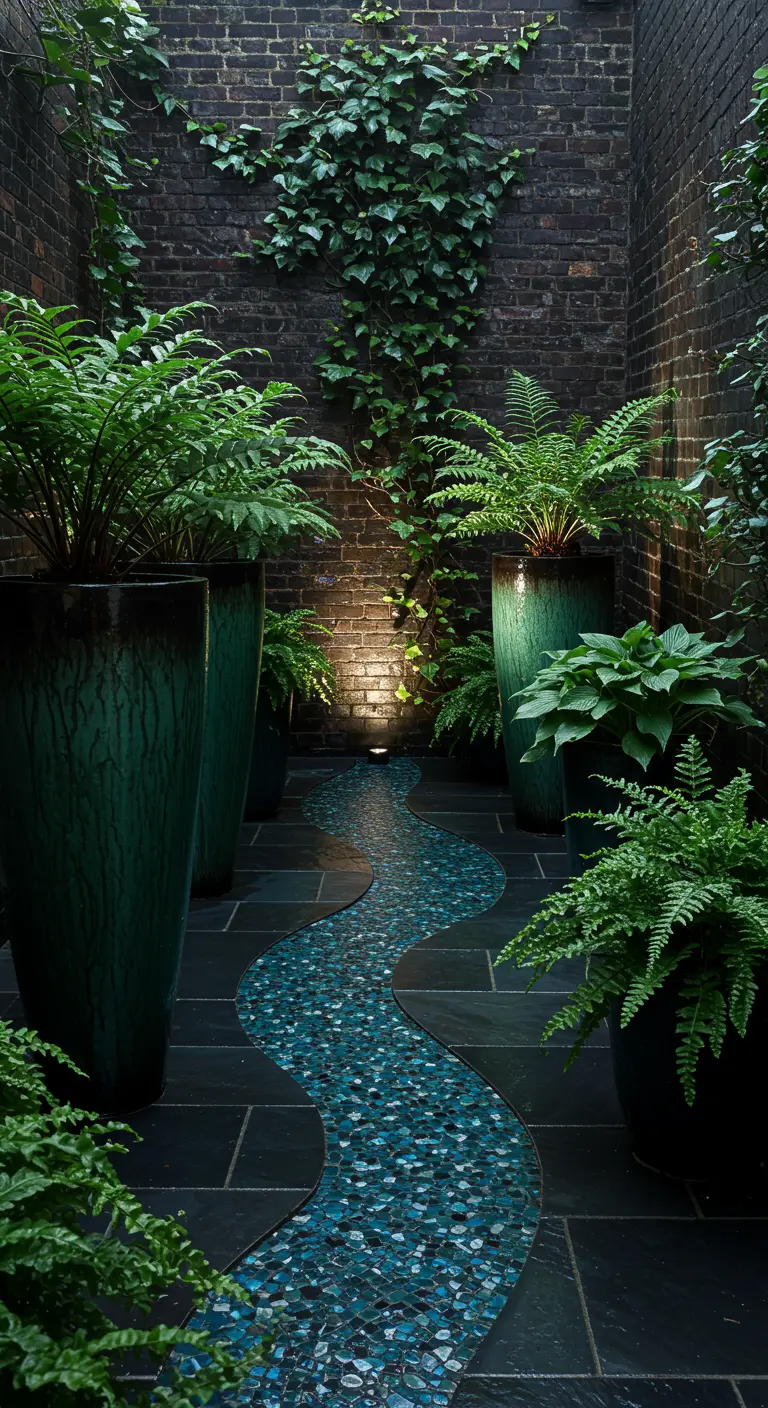 A winding path of blue glass pebbles flows through a shady courtyard filled with ferns.