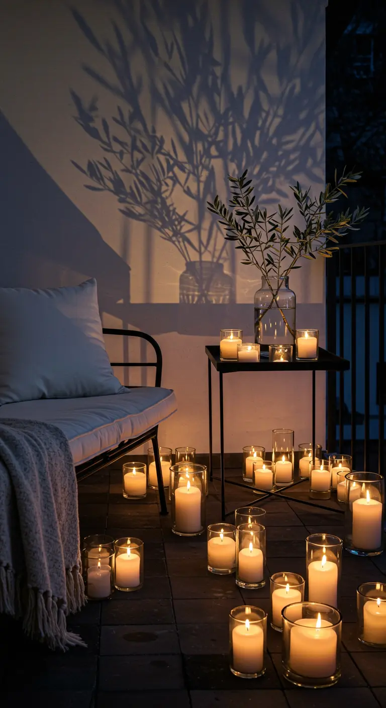A wall illuminated by many candles on the floor, casting a large shadow of olive branches.