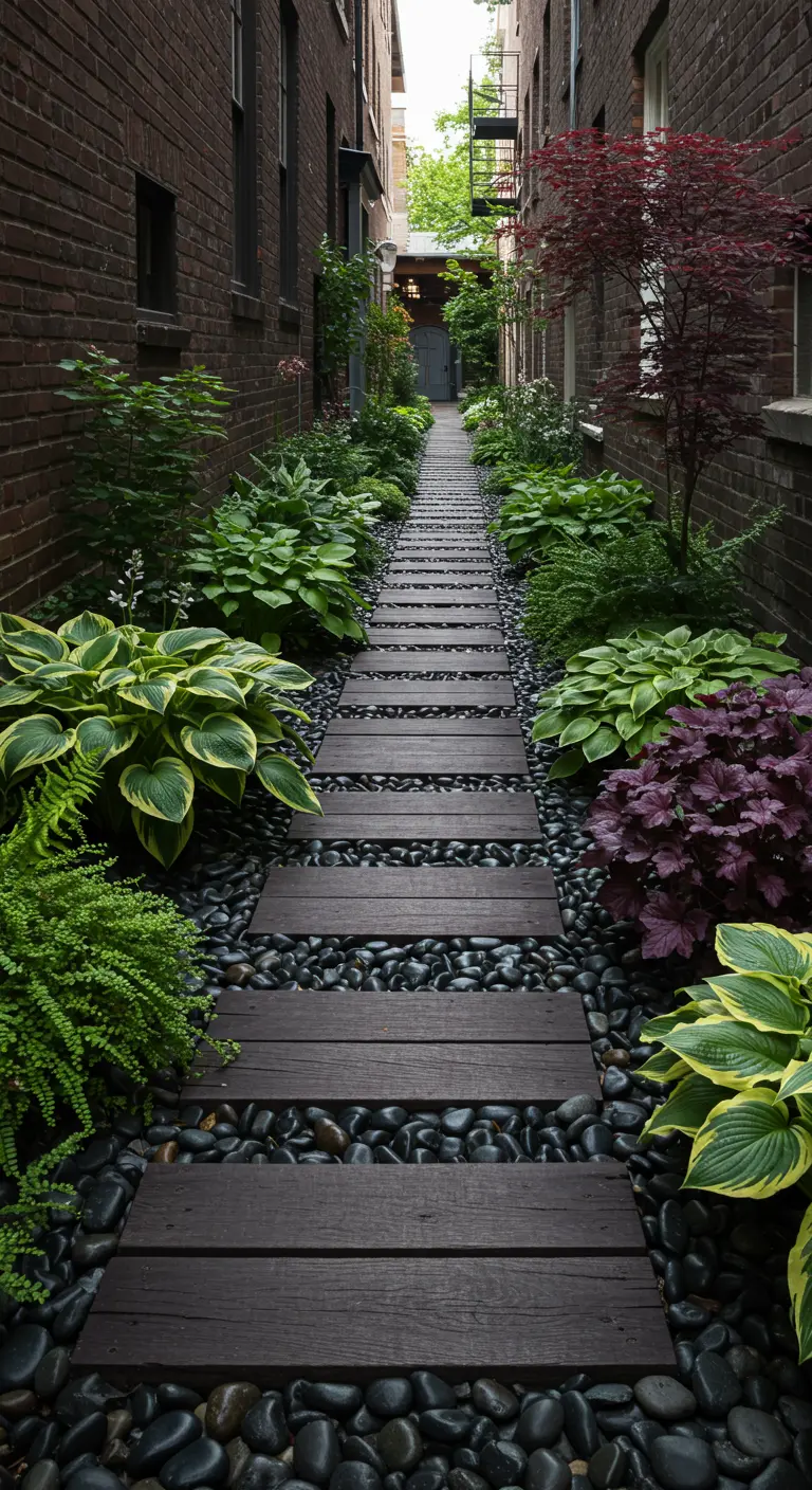 A narrow, shady path with wooden planks, black pebbles, and lush hostas.