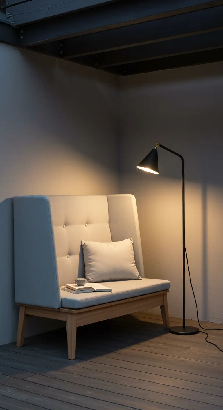 A high-backed upholstered bench in a cozy, covered outdoor corner with a floor lamp.