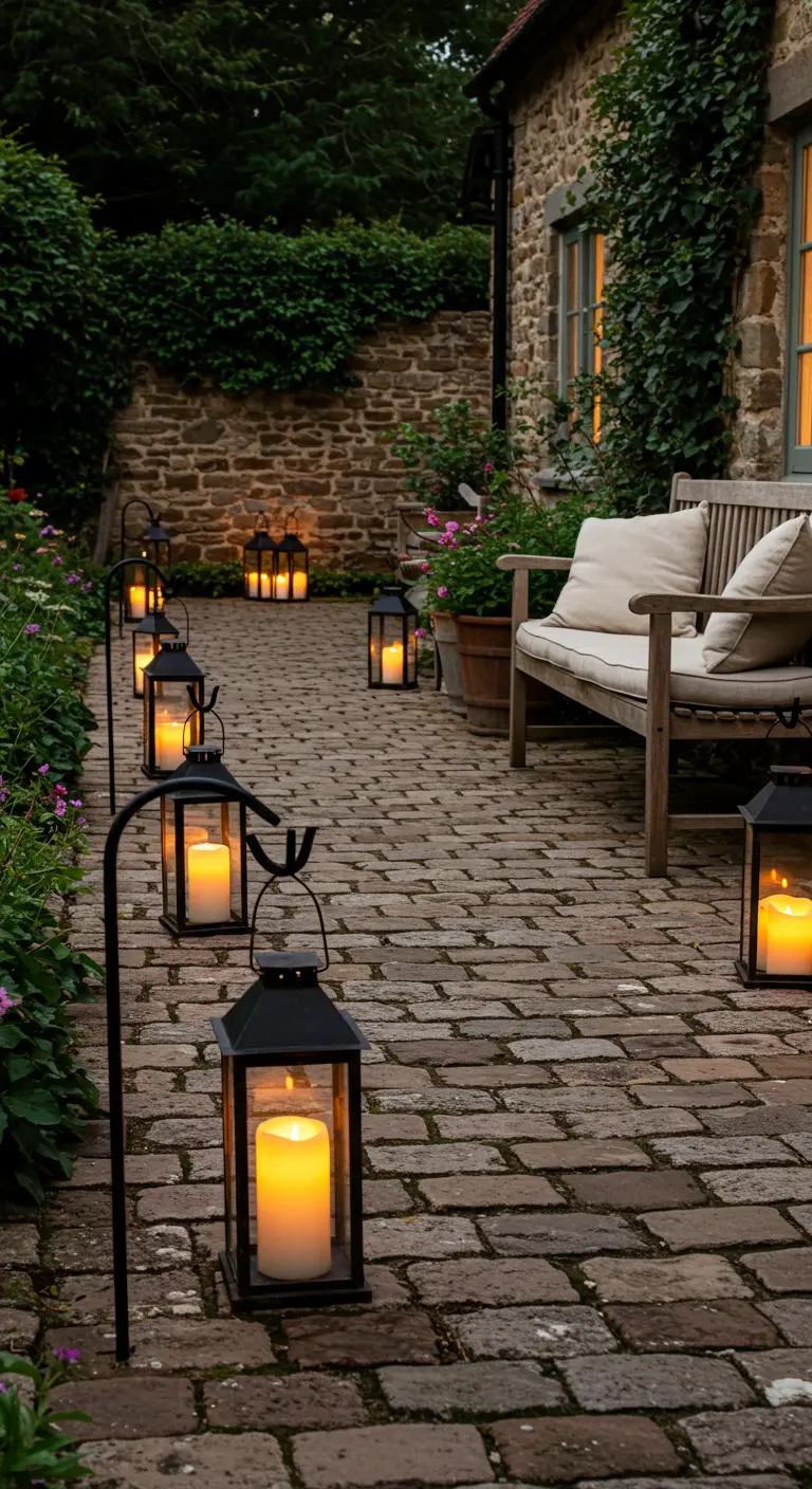 Cobblestone path lined with black lanterns on shepherd's hooks leading to a stone cottage.