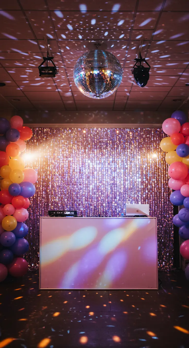 A shimmering sequin backdrop behind a DJ booth with a disco ball