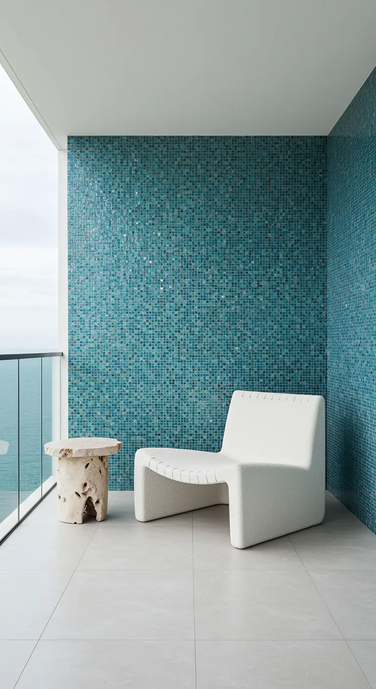 A minimalist balcony with a feature wall covered in tiny, shimmering turquoise mosaic tiles.