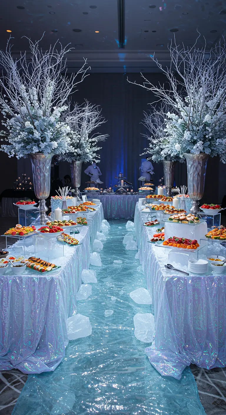 Two long buffet tables with an iridescent runner and faux ice creating a river effect between them.