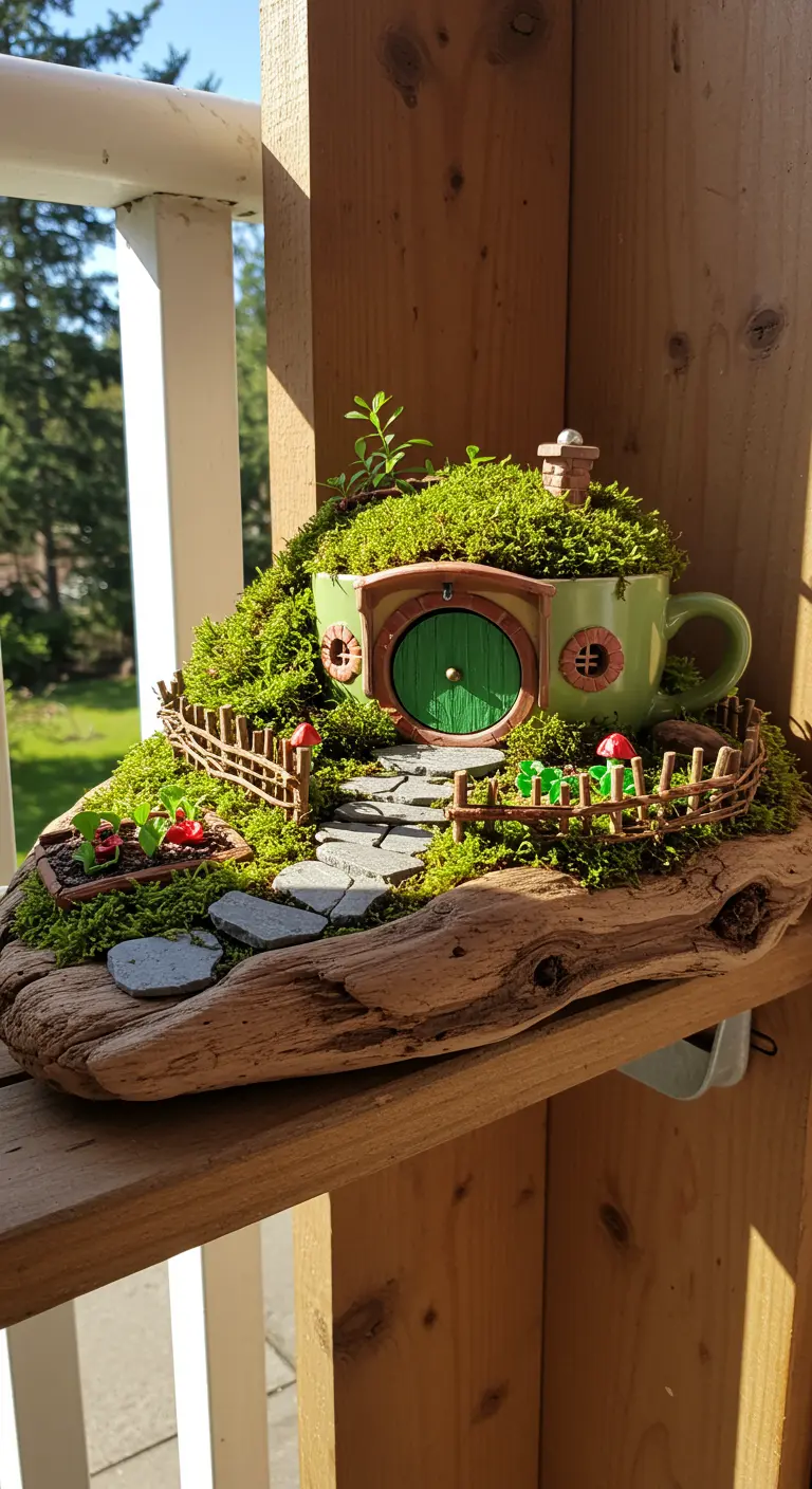 A green mug transformed into a moss-covered hobbit home, complete with a tiny path and fence.