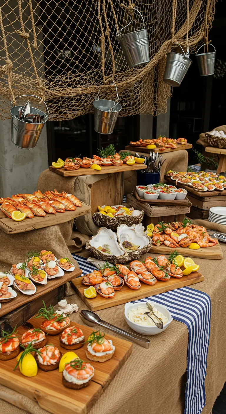 Tiered seafood buffet with shrimp, oysters, and nautical decorations like nets and buckets.