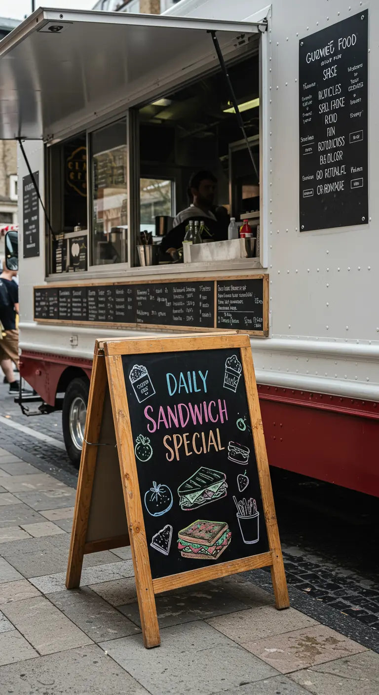 An A-frame chalkboard sandwich menu on the sidewalk next to a food truck.