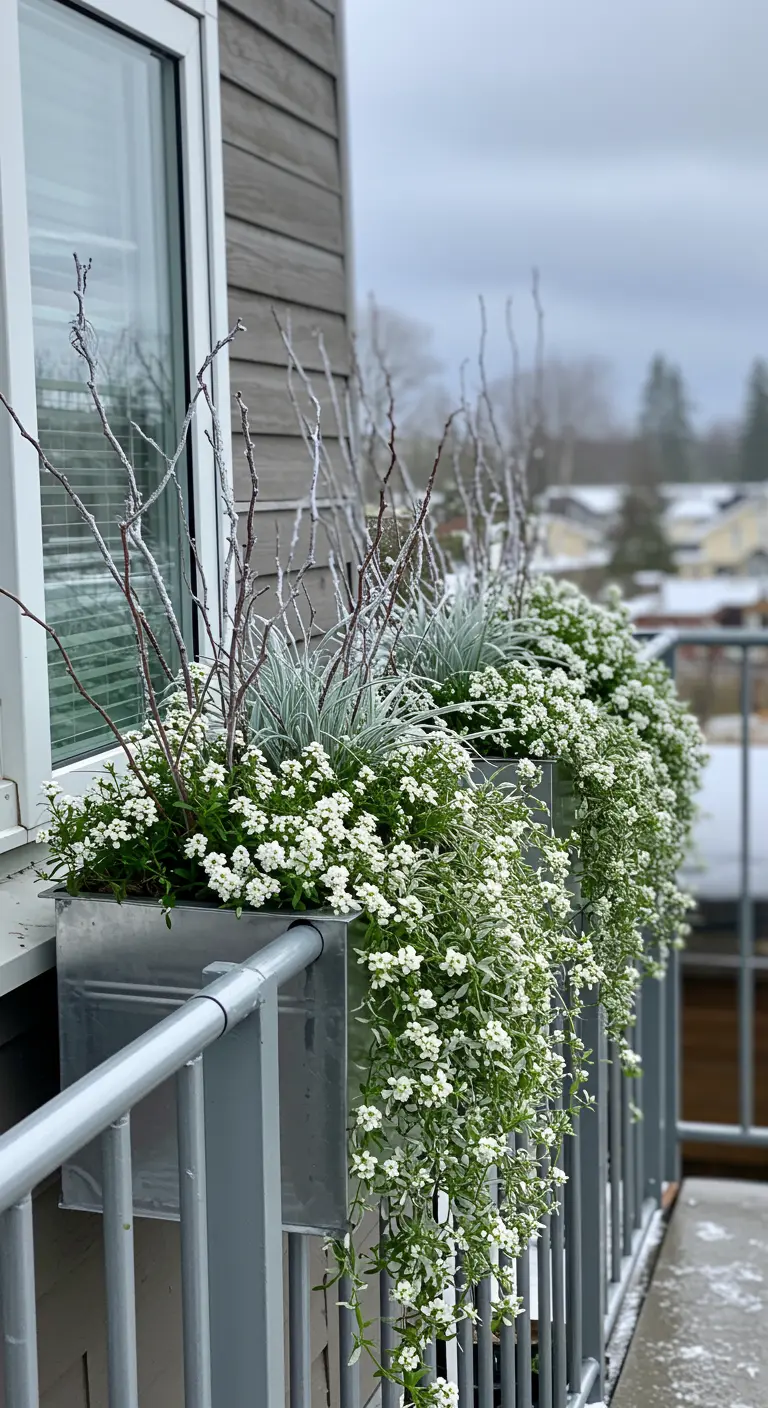 Galvanized railing planters overflowing with trailing white flowers and silvery foliage.