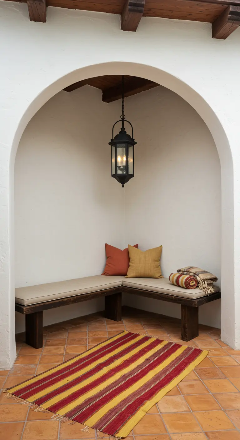 A simple bench in a white archway with a striped kilim rug and a single black lantern.